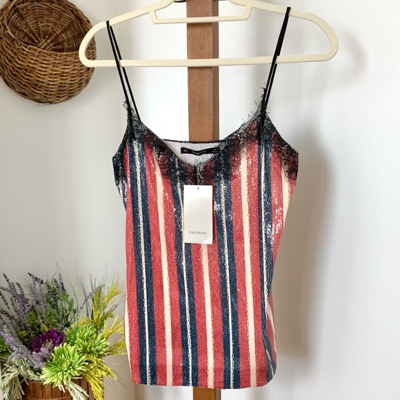 NWT Zara Strappy Striped Sequin & Lace Cami Top - Picture 13 of 16